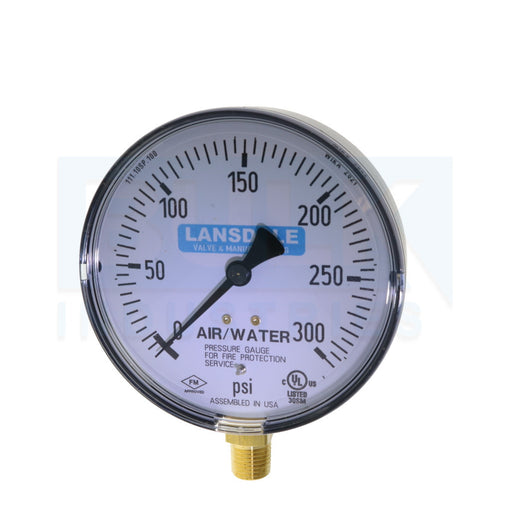 Fire Sprinkler Air/Water Gauge, 0-300 PSI, Plastic, UL/FM Approved, 1/4" NPT - Dated With Current Year
