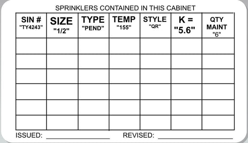 Fire Sprinkler Inventory Sign, Decal, 4" x 2 1/4"