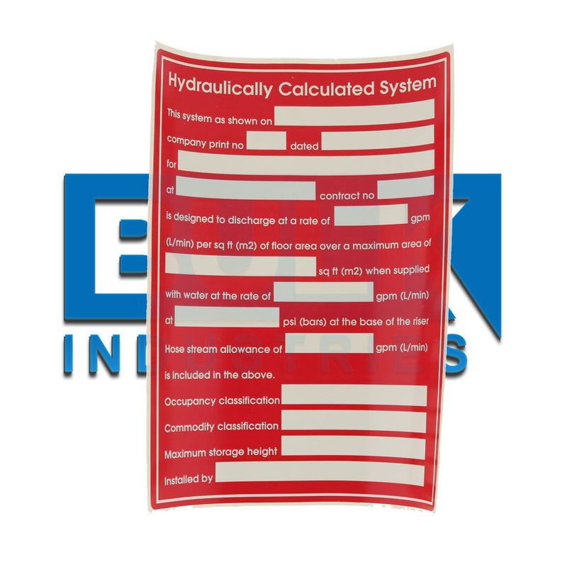 Hydraulic System Calc Sign, Commercial, Sticker, Decal, 5" x 7"