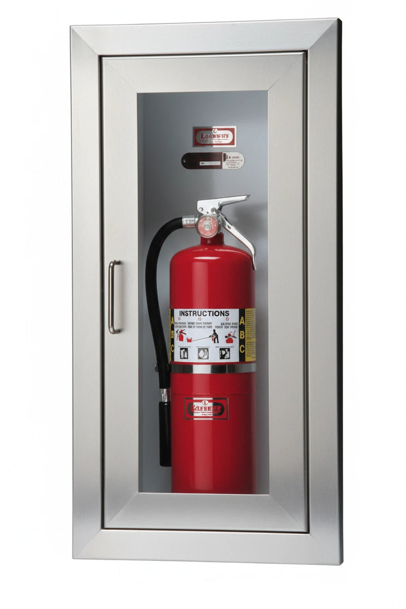 Larsen's SS2712-RL Architectural Series Fire Extinguisher Cabinet, 2 1/2" Semi Recessed Full Glass Door, Stainless Steel, SS2712RLFG