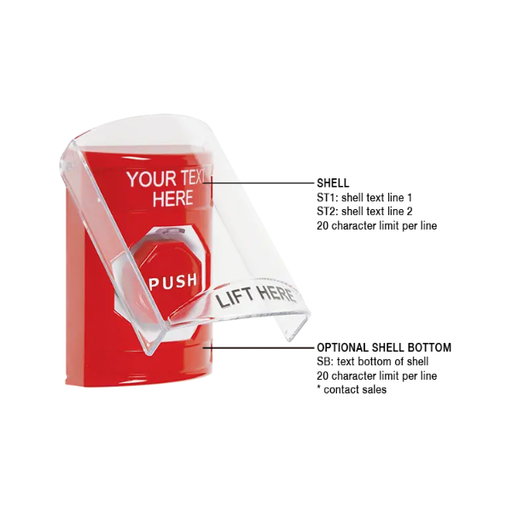 Custom Labeling, Buttons With Shield, Momentary Illuminated, Red, SS2025ZA-EN
