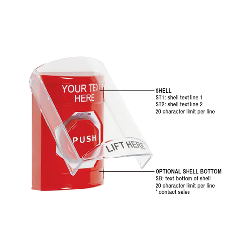 Custom Labeling, Buttons With Shield, Pneumatic Illuminated, Red, SS2028ZA-EN