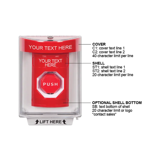 Custom Labeling, Buttons With Universal Stopper Flush, Momentary Illuminated, Red, SS2035ZA-EN