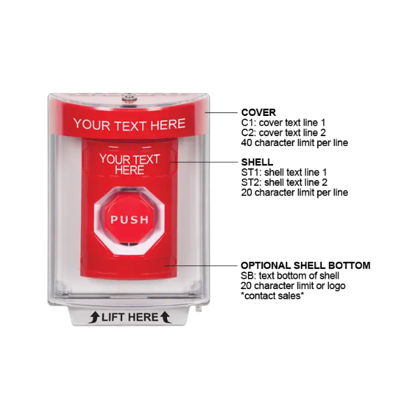 Custom Labeling, Buttons With Universal Stopper Flush, Pneumatic Illuminated, Red, SS2038ZA-EN
