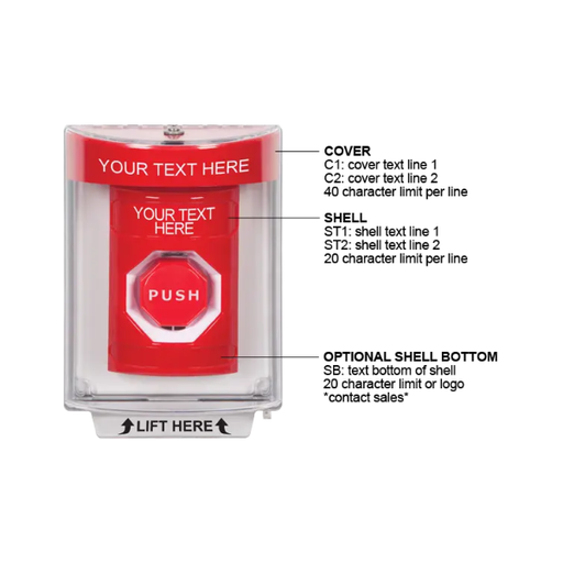 Custom Labeling, Buttons With Universal Stopper Flush, Pneumatic Illuminated, Red, SS2038ZA-EN