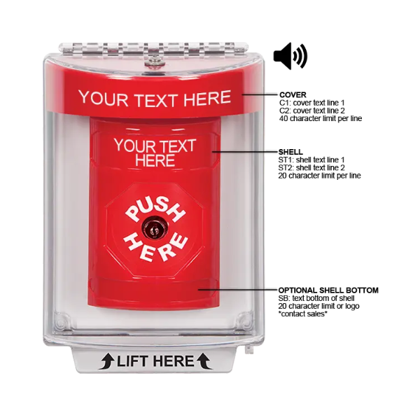 Custom Labeling, Buttons With Universal Stopper Flush With Horn, Key To Reset, Red, SS2040ZA-EN
