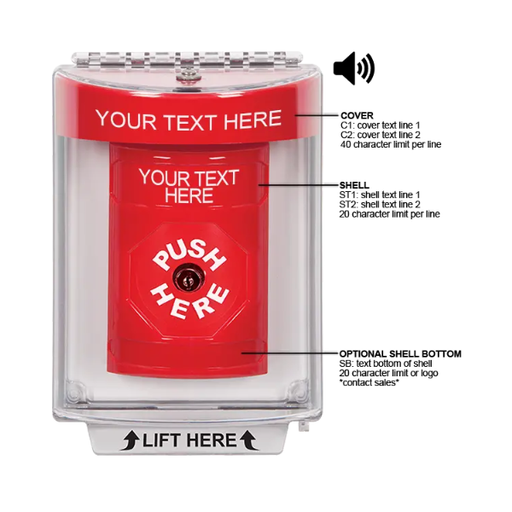 Custom Labeling, Buttons With Universal Stopper Flush With Horn, Key To Reset, Red, SS2040ZA-EN