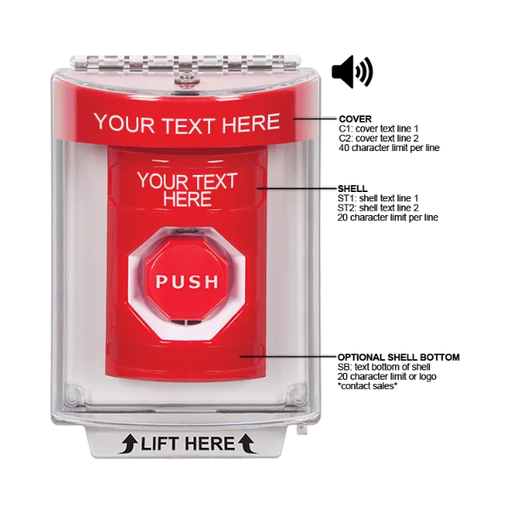 Custom Labeling, Buttons With Universal Stopper Flush With Horn, Key To Reset Illuminated, Red, SS2042ZA-EN