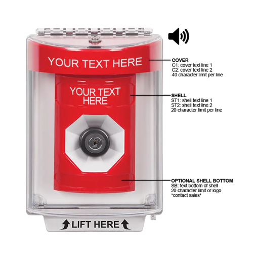 Custom Labeling, Buttons With Universal Stopper Flush With Horn, Key To Activate, Red, SS2043ZA-EN