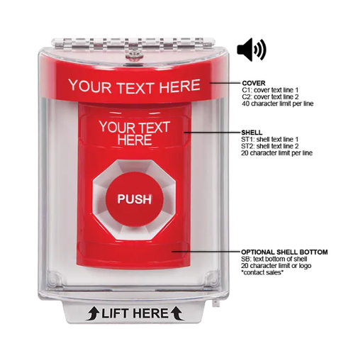 Custom Labeling, Buttons With Universal Stopper Flush With Horn, Momentary, Red, SS2044ZA-EN