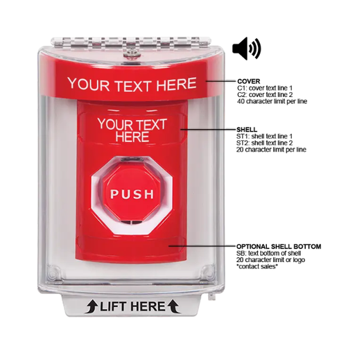 Custom Labeling, Buttons With Universal Stopper Flush With Horn, Momentary Illuminated, Red, SS2045ZA-EN