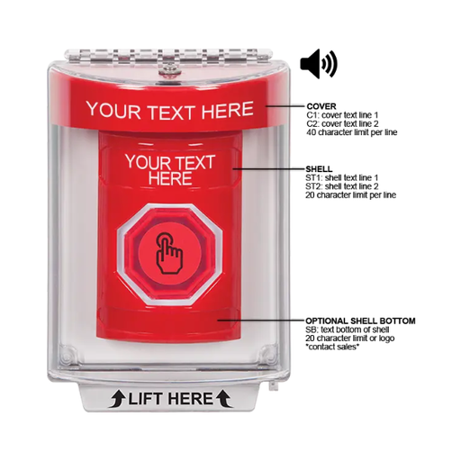 Custom Labeling, Buttons With Universal Stopper Flush With Horn, Momentary Illuminated Button, Red, SS2046ZA-EN