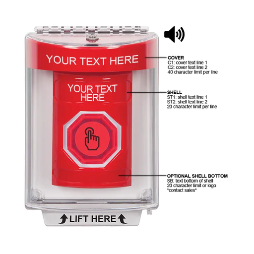 Custom Labeling, Buttons With Universal Stopper Flush With Horn, Weather Resistant Momentary Button, Red, SS2047ZA-EN