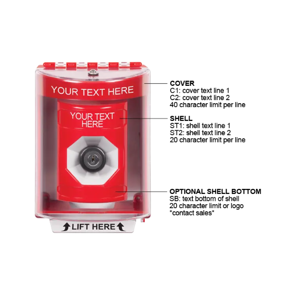 Custom Labeling, Buttons With Universal Stopper Surface, Key To Activate, Red, SS2073ZA-EN