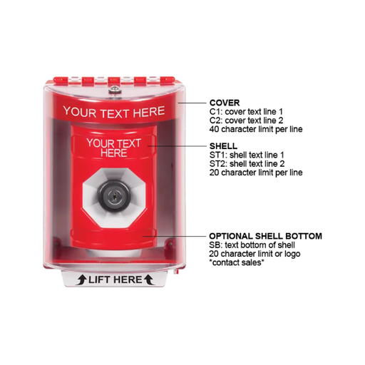 Custom Labeling, Buttons With Universal Stopper Surface, Key To Activate, Red, SS2073ZA-EN