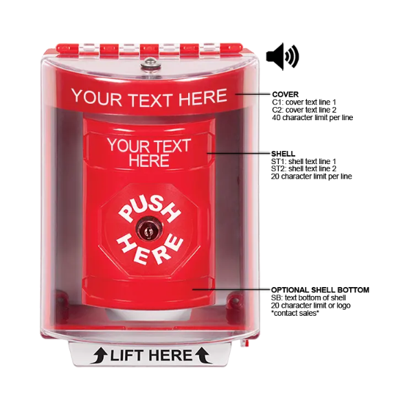 Custom Labeling, Buttons With Universal Stopper Surface With Horn, Key To Reset, Red, SS2080ZA-EN