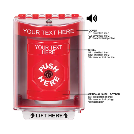 Custom Labeling, Buttons With Universal Stopper Surface With Horn, Key To Reset, Red, SS2080ZA-EN