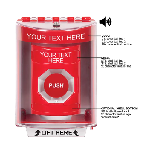Custom Labeling, Buttons With Universal Stopper Surface With Horn, Turn To Reset, Red, SS2081ZA-EN