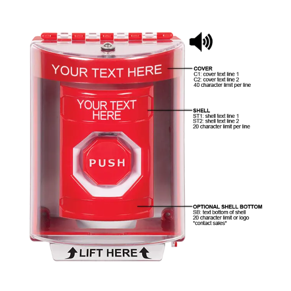 Custom Labeling, Buttons With Universal Stopper Surface With Horn, Key To Reset Illuminated, Red, SS2082ZA-EN