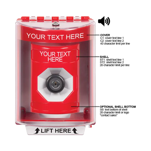 Custom Labeling, Buttons With Universal Stopper Surface With Horn, Key To Activate, Red, SS2083ZA-EN