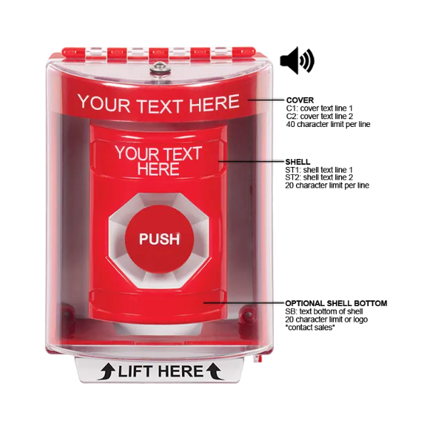 Custom Labeling, Buttons With Universal Stopper Surface With Horn, Momentary, Red, SS2084ZA-EN
