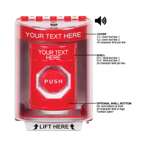 Custom Labeling, Buttons With Universal Stopper Surface With Horn, Momentary Illuminated, Red, SS2085ZA-EN