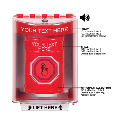 Custom Labeling, Buttons With Universal Stopper Surface With Horn, Momentary Illuminated Button, Red, SS2086ZA-EN