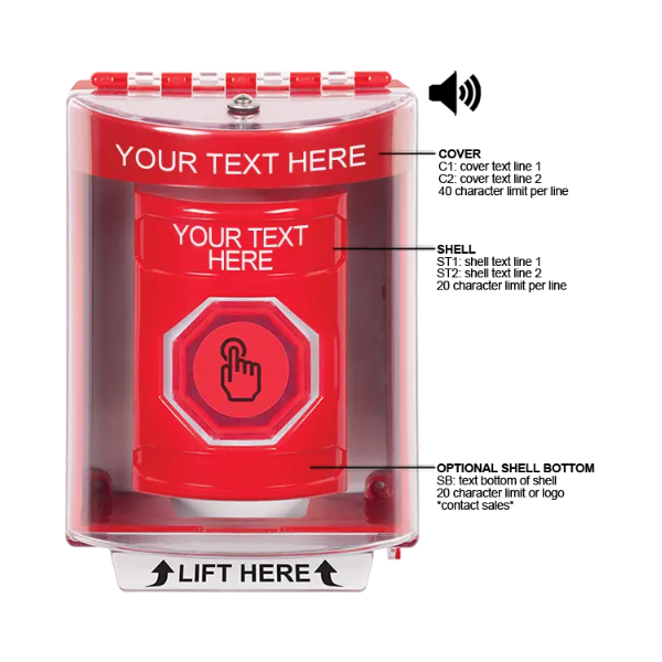 Custom Labeling, Buttons With Universal Stopper Surface With Horn, Weather Resistant Momentary Button, Red, SS2087ZA-EN