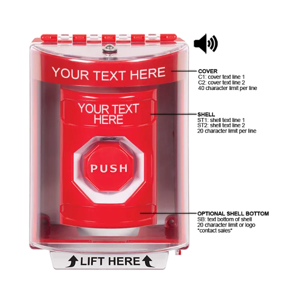 Custom Labeling, Buttons With Universal Stopper Surface With Horn, Pneumatic Illuminated, Red, SS2088ZA-EN