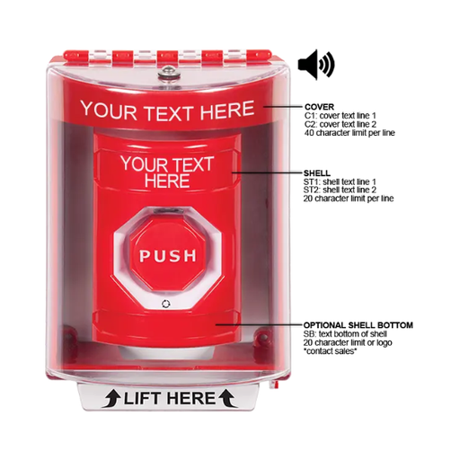 Custom Labeling, Buttons With Universal Stopper Surface With Horn, Turn To Reset Illuminated, Red, SS2089ZA-EN