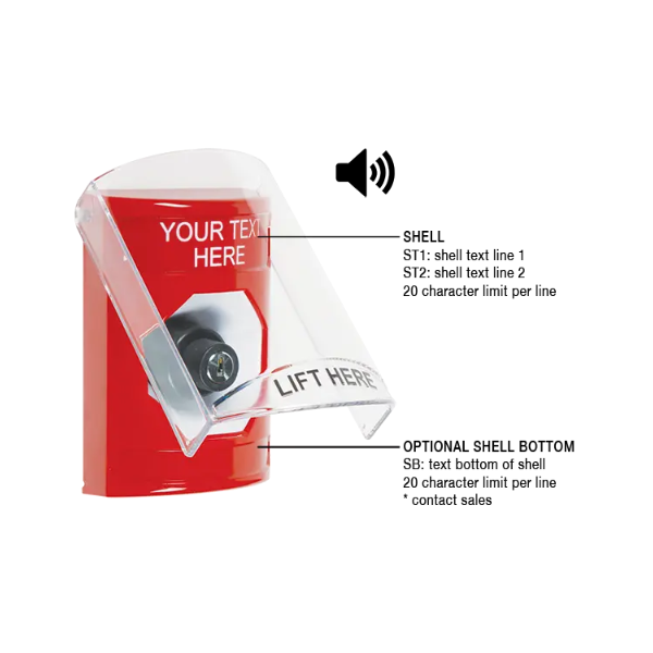 Custom Labeling, Buttons With Shield And Shield Sound, Key To Activate, Red, SS20A3ZA-EN