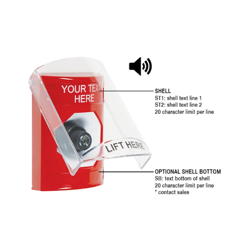 Custom Labeling, Buttons With Shield And Shield Sound, Key To Activate, Red, SS20A3ZA-EN