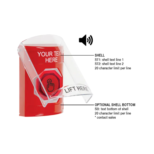 Custom Labeling, Buttons With Shield And Shield Sound, Weather Resistant Momentary Button, Red, SS20A7ZA-EN