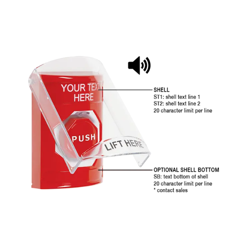 Custom Labeling, Buttons With Shield And Shield Sound, Pneumatic Illuminated, Red, SS20A8ZA-EN