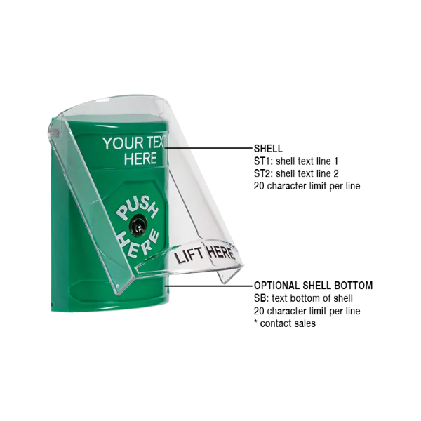 Custom Labeling, Buttons With Shield, Key To Reset, Green, SS2120ZA-EN