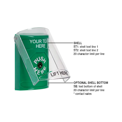 Custom Labeling, Buttons With Shield, Key To Reset, Green, SS2120ZA-EN