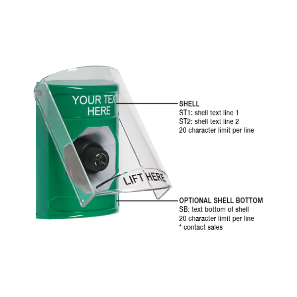 Custom Labeling, Buttons With Shield, Key To Activate, Green, SS2123ZA-EN