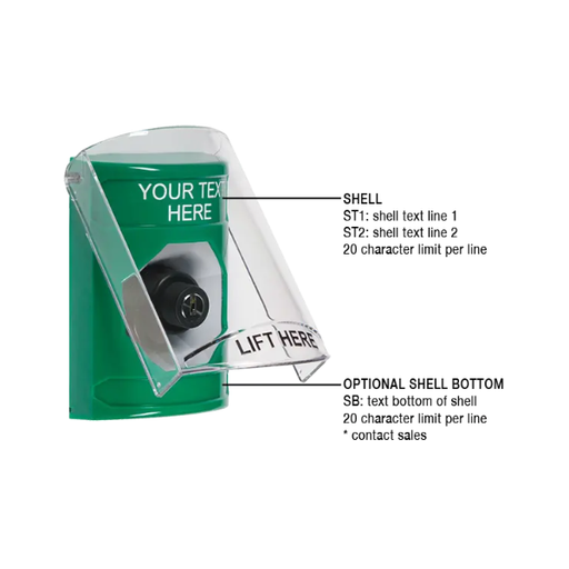 Custom Labeling, Buttons With Shield, Key To Activate, Green, SS2123ZA-EN