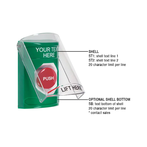 Custom Labeling, Buttons With Shield, Momentary, Green, SS2124ZA-EN
