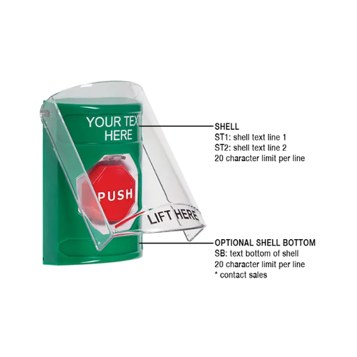 Custom Labeling, Buttons With Shield, Momentary Illuminated, Green, SS2125ZA-EN