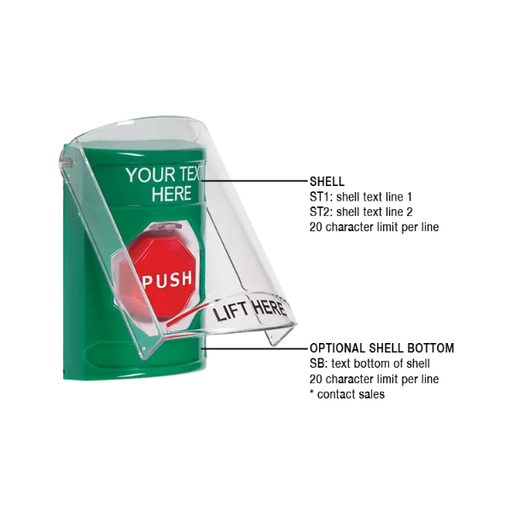 Custom Labeling, Buttons With Shield, Pneumatic Illuminated, Green, SS2128ZA-EN