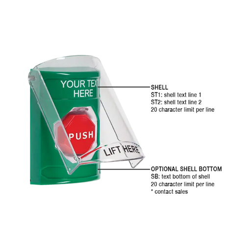 Custom Labeling, Buttons With Shield, Turn To Reset Illuminated, Green, SS2129ZA-EN
