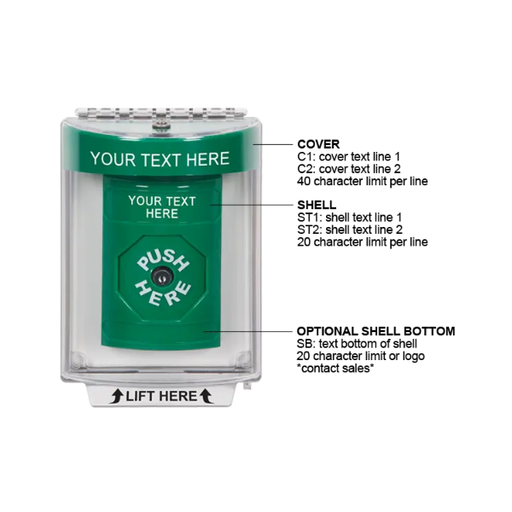 Custom Labeling, Buttons With Universal Stopper Flush, Key To Reset, Green, SS2130ZA-EN
