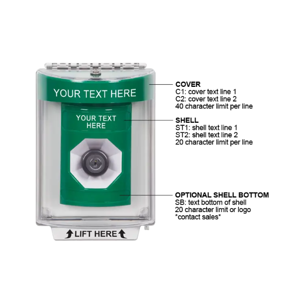 Custom Labeling, Buttons With Universal Stopper Flush, Key To Activate, Green, SS2133ZA-EN