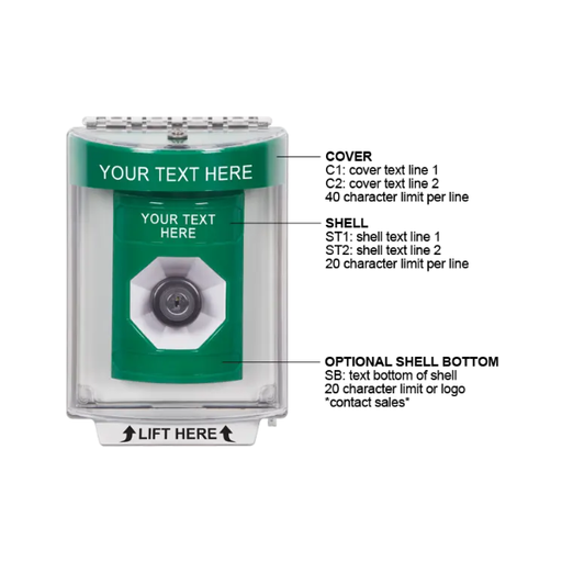 Custom Labeling, Buttons With Universal Stopper Flush, Key To Activate, Green, SS2133ZA-EN