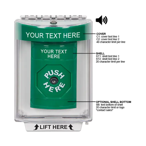 Custom Labeling, Buttons With Universal Stopper Flush With Horn, Key To Reset, Green, SS2140ZA-EN