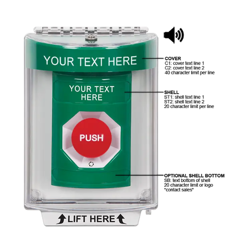 Custom Labeling, Buttons With Universal Stopper Flush With Horn, Turn To Reset, Green, SS2141ZA-EN