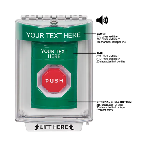 Custom Labeling, Buttons With Universal Stopper Flush With Horn, Key To Reset Illuminated, Green, SS2142ZA-EN