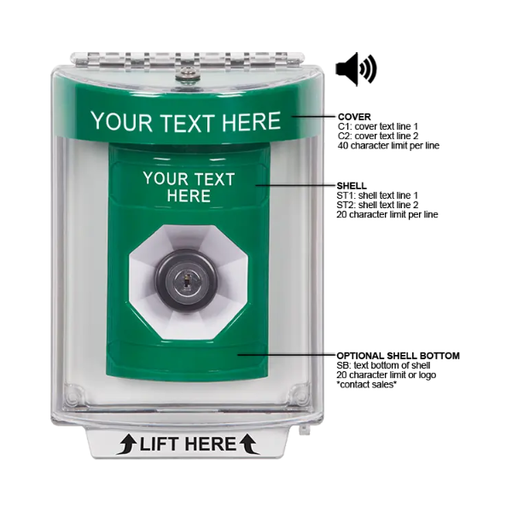 Custom Labeling, Buttons With Universal Stopper Flush With Horn, Key To Activate, Green, SS2143ZA-EN