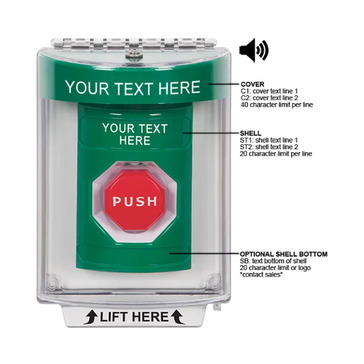 Custom Labeling, Buttons With Universal Stopper Flush With Horn, Momentary Illuminated, Green, SS2145ZA-EN